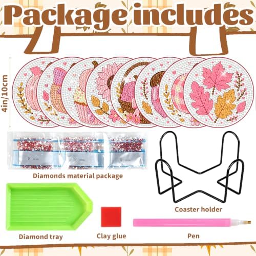 8 Pcs Fall Diamond Art Coasters with Holder Autumn Pumpkin Maple Leaf Kit - Image 2
