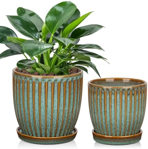 Oairse Ceramic Pots for Indoor Plants, 4.9 + 5.7 Inch Set of 2 Bluish Grey With Drainage Holes and Saucers, Texture Planters for Succulent, Indoor Outdoor Flower by Oairse