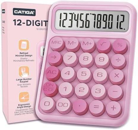 CATIGA Mechanical Switch Calculator, Pink Calculator with 12 Digit Large LCD Display & Big Buttons for Office Desk, Classroom Math, Back to School Supplies, Cute Aesthetic Desk Accessories by CATIGA