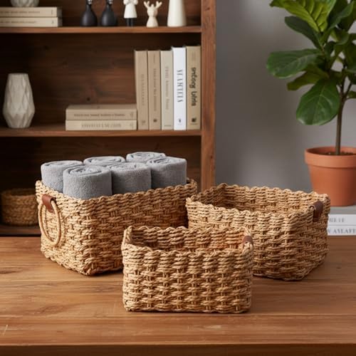 Small Wicker Basket Set of 3, Handwoven Paper Rope Storage Baskets with Leather Handles, Decorative Organizing Bins for Home, Desk, Bathroom & Gifts (Beige) - Image 4