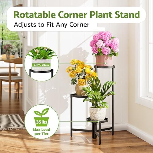 3 Tier Large Plant Stand Indoor with 7.9 Inch Wide Tray, Tiered Corner Metal Outdoor Flower Holder Stand, Folding Tall Rack for Display Shelf for Patio Porch Balcony - BlackDisk - Image 2