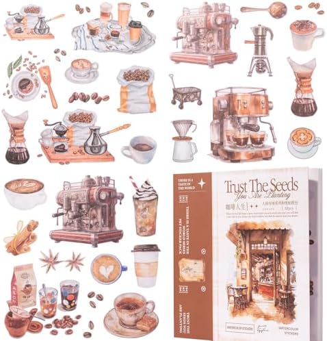 YagCu Coffee Sticker Book, 50 Sheets Journaling Stickers, Junk Journal Supplies, Pre-Cut Aesthetic Washi Materials, Watercolor Scrapbook Stickers for Adults, Decorative Ephemera Planner DIY Arts Craft by YagCu
