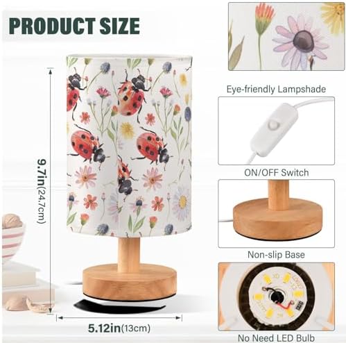 Wildflowers Ladybugs Patterned Table Lamp for Bedroom USB Port Lamps Small Accent Table Lamp Nightstand Lamp Study Linen Shade with Wooden Base, Decorative Lamps for Bedside Reading|Kids|Dorm|Home - Image 4