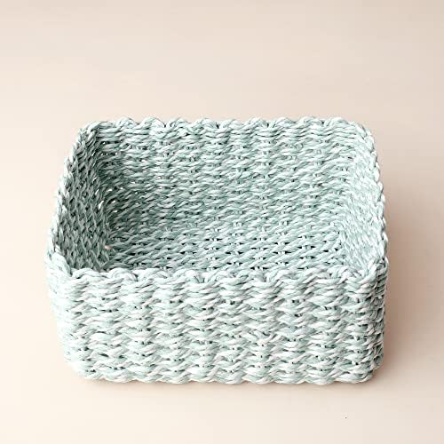 LA JOLIE MUSE Paper Rope Storage Baskets for Organizing, Recycled Wicker Storage Basket Container Bins for Shelves Cupboards Drawer, Small Woven Basket Set of 3 (Green White) - Image 5