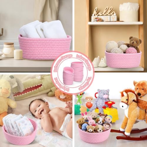 Yinkin 12 Pack Small Storage Basket Cute Natural Cotton Rope Woven Basket Tiny Boho Decorative Toy Storage Bin Gift Baskets for Home Organizing, Closet, Shelf, Nursery, Bathroom(Round,Pink) - Image 6