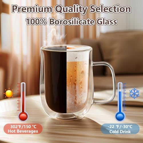 Double Walled Glass Coffee Mugs 16 OZ, Borosilicate Glass Coffee Cups Set of 4 with Spoons, Insulated Clear Coffee Mug for Hot Beverages, Cappuccino, Latte, Tea Bag. - Image 6