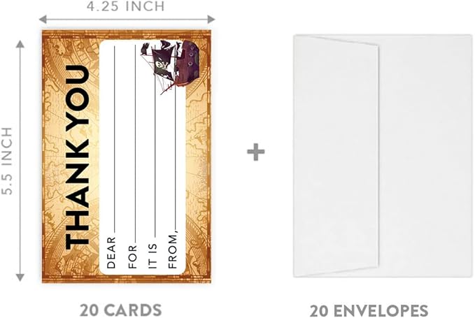 Andaz Press Kids Fill in the Blank Thank You Cards - 20 Cards Including Envelopes Pirate Theme Gender Neutral Note Cards For Boys Girls Birthday Party Thank You Notes for Friends, Family Party Guests