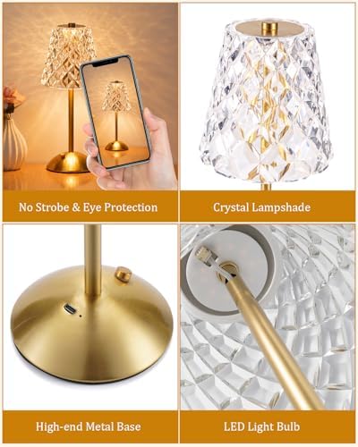 Nusogon Rechargeable Cordless Table Lamp, Gold Small Battery Powered Lamp - Image 6