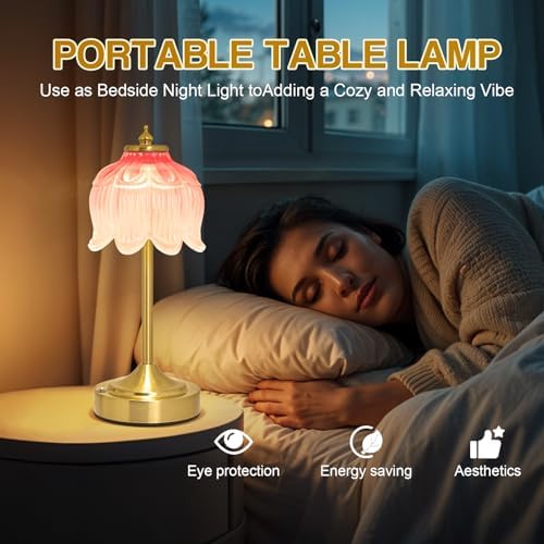 Cordless Table Lamp, Rechargeable Blush Pink Glass Lotus Flower Lamp - Image 6