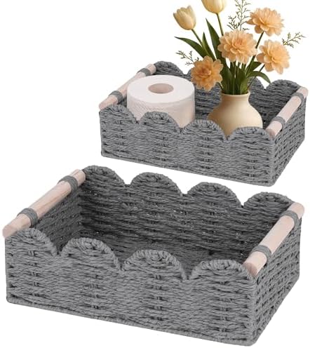 iEGrow Paper Rope Small Storage Baskets for Organizing, Set of 2 Scalloped Edge Wicker Basket with Wooden Handles Toilet Paper Basket for Over Toilet Storage Shelf, Home Decor, Living Room (Grey) by iEGrow