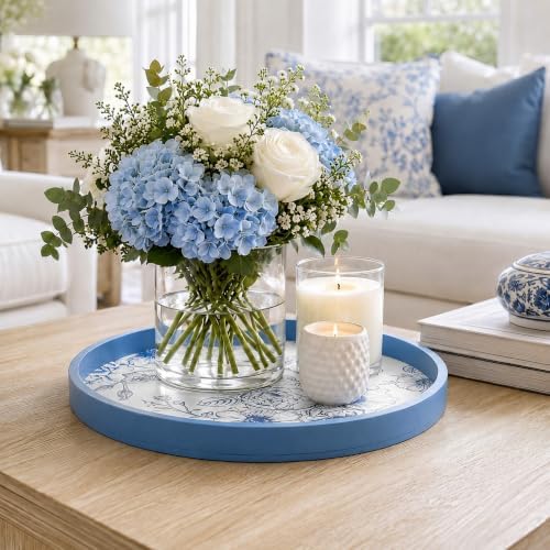 Novabright Blue Wooden Serving Tray, 11.8" Round Chinoiserie - Image 4