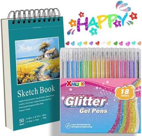 18 Colors Glitter Gel Pens Set with A5 Sketchbook (50 Sheets 120gsm) by Xmusk