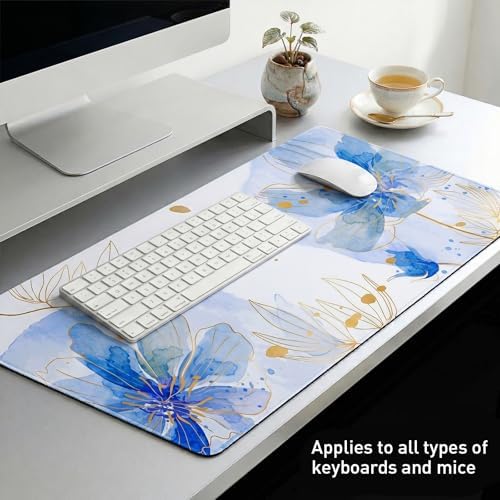 Blue Desk Mat, Aesthetic Floral Large Mouse Pad, 35.4 x 15.7 Inch XXL Keyboard Mat Non-Slip Waterproof Desk Pad, Full Desk Protector for Women Office Home - Image 6