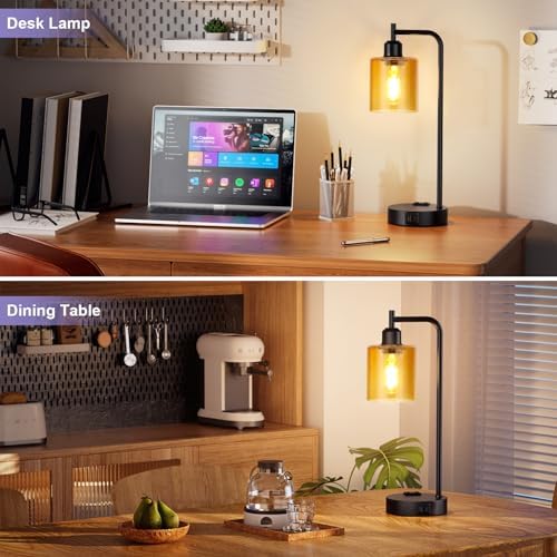 Industrial Touch Nightstand Lamps for Bedrooms Set of 2 - 3-Way Dimmable Table Lamps with USB C+A Ports and Outlet, Bedside Lamps with Amber Glass Shade for Living Room, Desk Lamps for Home Office - Image 6