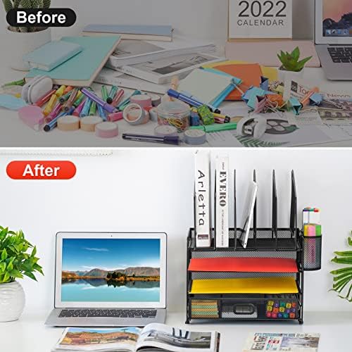 Marbrasse Desk Organizer with Drawer, 4-Tier Mesh File Organizer with 5 Vertical File Holders and 2 Pen Holders, Multifunction Desktop Organizer,Desk Organizers and Accessories for Home Office - Image 5