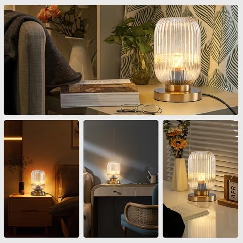 Amber Glass Table Lamp Mid Century Modern Lamps Side Gold Desk Lamp Small Nightstand Lamp Adjustable Color Temperature with Globe Glass Shade for Bedroom Living Room Office - Image 5
