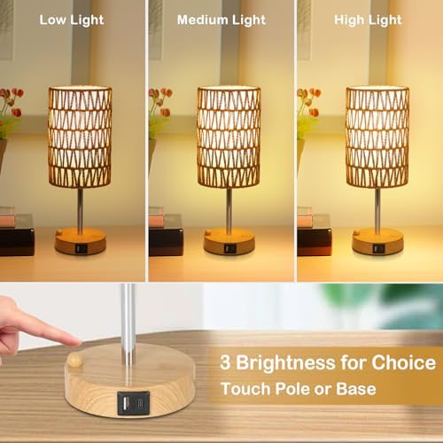 Bedside Lamps Set of 2 with Bulb, Touch Control Nightstand Lamp for Bedroom with Rattan & Linen Shade, 3 Way Dimmable Small Boho Table Lamps with USB Charging Port & Phone Stand - Image 4