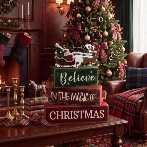 Moucuny 4 Pcs Tartan Plaid Christmas Table Decor, Santa Sleigh Wooden Signs - Image 3