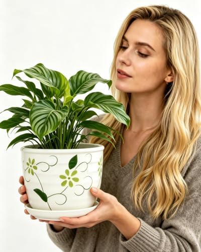 Vintage Flower Pots for Indoor Plant, Round Ceramic Plant Pots with Drainage Holes and Saucers, 6.7/5.2/3.9 Inches Retro Flower Planters Set of 3 - Image 4