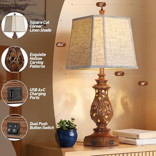 PARTPHONER 29" Table Lamps Set of 2, Bedside Lamps with USB A+C Ports & Night Light, Farmhouse Nightstand Lamps with Linen Fabric Shades for Bedroom Living Room, Wood Grain (LED Bulbs Included) - Image 2