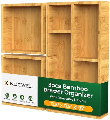 KOCWELL Bamboo Desk Drawer Organizer with Removable Dividers,Multi-Use Office Drawer Organizer Tray,Junk Drawer Organizers for Office,School,Kitchen,Makeup Supply（Original） by KOCWELL