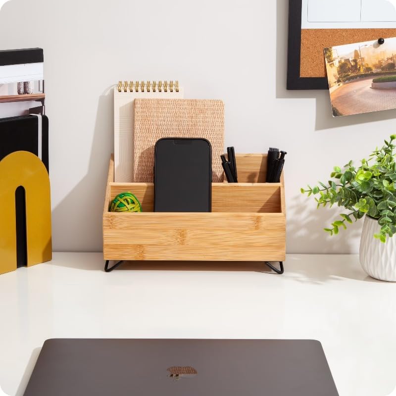 Bamboo Desktop Organizer 10 X 4 8 X 6 In Multi Compartment Desk Storage Caddy Stationery Holder For Pens Notepads Clips Office Supplies Home Office School Dorm Desktop Organization Rack - Image 7
