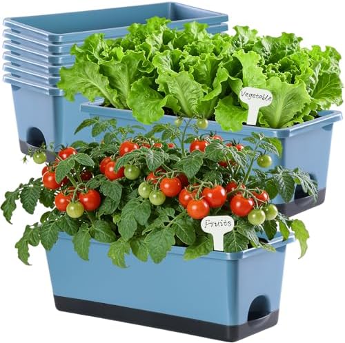 Oliz Window Box Planter 8 Pcs, 17 Inches Rectangle Flower Pots with Drainage Holes and Trays, Vegetable Planters for Windowsill Patio Garden Balcony Home Porch Yard Indoor Outdoor (Blue) by Oliz