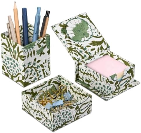 CPC Agate Green Block Print Set of 3 Desk Organizer by COTTONPRINTCLUB