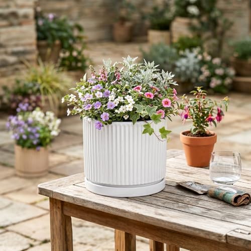 8 Inch Pots for Plants, Ceramic Plant Pots with Saucer, White - Image 4
