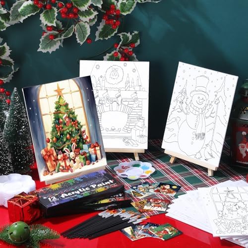 Ctosree 72 Pcs Christmas Paint and Sip Kit for Adults 8'' x 10'' Pre Drawn Canvas for Painting DIY Pre Printed Canvas for Party Favor Afro Acrylic Painting Kit Wood Easel Brushes Date Night Bulk - Image 2