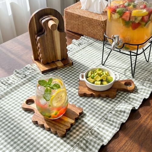 Scalloped Acacia Wood Coasters Set of 4 with Holder, Decorative Wooden Drink Coasters for Coffee Table, Farmhouse Cottagecore Kitchen Decor, Housewarming Gift - Image 5