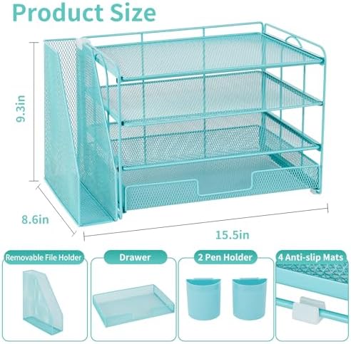OPNICE Desk Organizer, 4-Tier Desktop File Organizer with Drawer and Pen Holders, Office Desk Accessories, File Sorters, Workspace Organizers for Office Supplies(Teal Blue) - Image 3