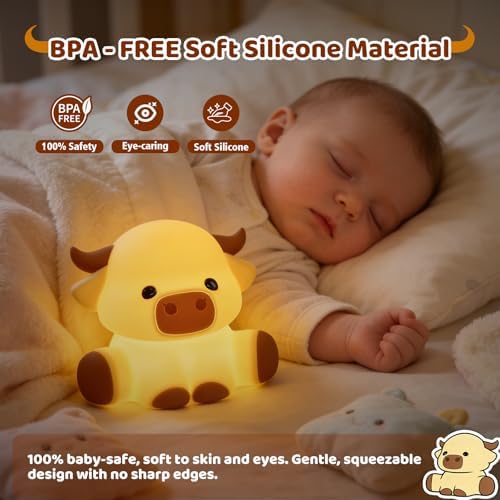 Cute Highland Cow Rechargeable Night Light, LED Touch Silicone Lamp for Bedroom with 7 Colors Timer and Dimmable Squishy Warm Night Lights, Novelty Animal Lamp for Nursery Birthday Gift - Image 4