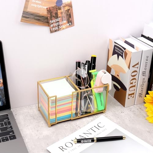 Glass Sticky Note Holder,2 Slots Post It Note Dispenser,Gold Desk Organizer for 3 x 3 Sticky Notes/Paper Clips/Book Clips,Stylish Post it Holder for Home Office Desk - Image 3