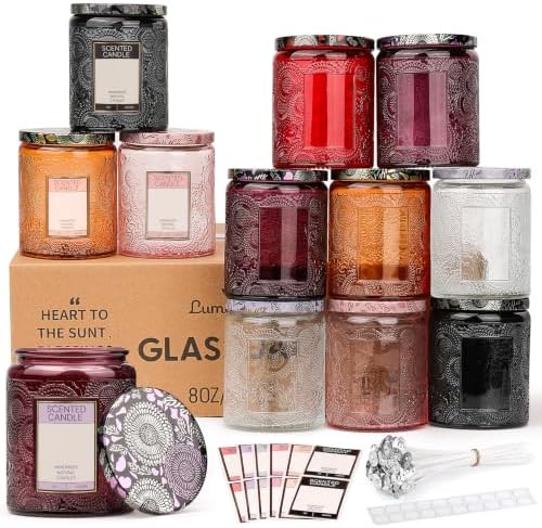 LumaCraft Luxury Embossed Glass Candle Jars for Making Candles - 12 Pack Empty Candle Containers with Lids, 20 Wicks & 20 Stickers, Colored Glass Jars for Gifts & Decor by Unknown