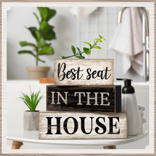 Moucuny 4 Pcs Bathroom Shelf Decor Sign Best Seat In The House Wooden Block - Image 6