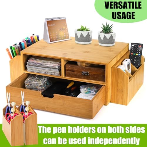 Hiceeden 2 Tier Bamboo Desktop Organizer, Desk Monitor Stand Riser with 1 Drawer and 2 Pen Holder, 2 Compartment Computer Desk Storage Organizer for Laptop, Printer - Image 4