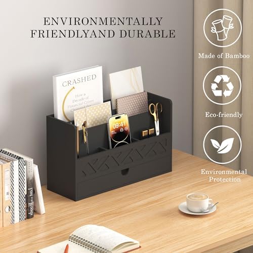 Wisuce Bamboo Mail Organizer with Drawer, Countertop Desk Organizer(Black) - Image 4