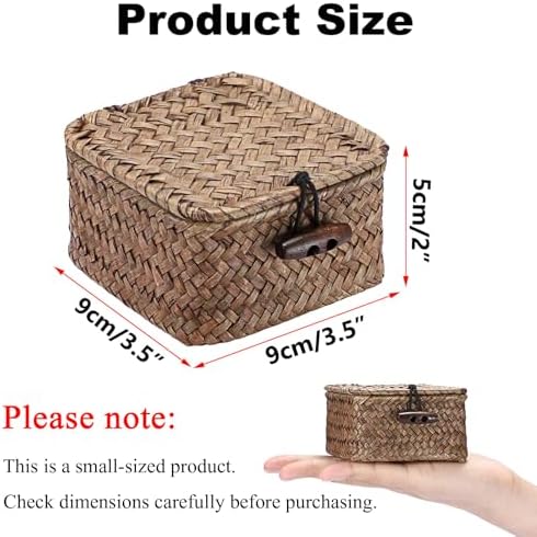 Hipiwe Mini Seagrass Basket Box Wicker Shelf Baskets with Lid, 3.5"x3.5"x2" - Image 2