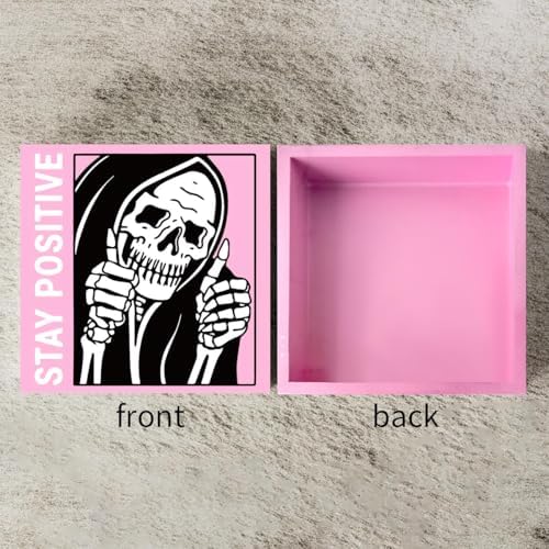 Cute Halloween Decor Indoor Skull Gothic Home Decor Goth Decor Halloween Skeletons Stay Positive Skulls Skeleton Man Sign for Home Office Desk Accessories Gifts 5 x 5 Inches (Pink) - Image 3