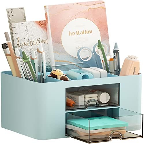 Marbrasse Pen Organizer with 2 Drawer, Multi-Functional Pencil Holder for Desk, Desk Organizers and Accessories with 5 Compartments + Drawer for Office Art Supplies (Blue) by Marbrasse