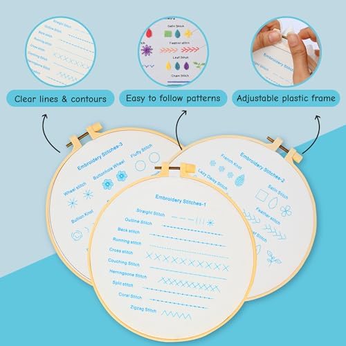 Beginner Embroidery Kit – Learn 28 Stitches – DIY Embroidery Set with 3 Hoops, Stamped Patterns, Needles, Scissors, Thread – Complete Cross Stitch Kit for Adults, Teens, Beginners & Crafters - Image 4