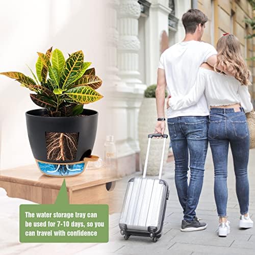 UOUZ Large Self Watering Pots, 12/10/9 Plastic Planters with High Drainage Holes and Deep Reservoir for Indoor Outdoor Garden Plants and Flowers, Black with Brown - Image 6