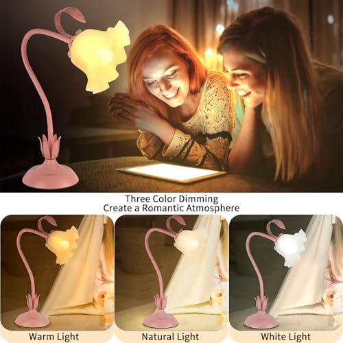 Cute Flower Desk Lamp, 3 Color Temperature Table Lamps with LED Bulb, Vintage Bedside Lamp, Reading Lamps with Soft Light for Bedroom, Living Room（Pink） - Image 3