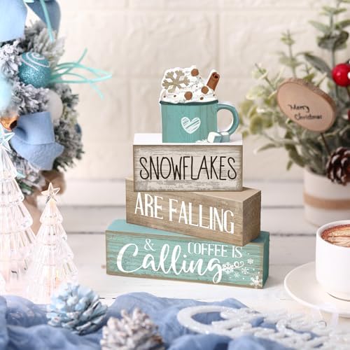 Moucuny 4 Pcs Wooden Block Signs Farmhouse Table Decor Winter Coffee Cup - Image 3