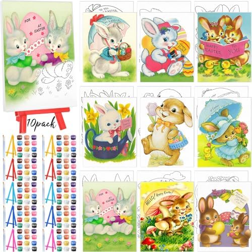Blosssound 10 Set Easter Vintage Pre Printed Canvas Bunny Eggs Pre Drawn Canvas Painting with Easel Kits 5" x 7" Outline Painting Panels for Beginners, DIY Craft Project, Party Favor, Home Decors by Blosssound