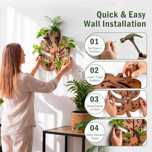 Plant Propagation Station, Monstera Hanging Wall Planter with 6 Glass Tubes - Image 4