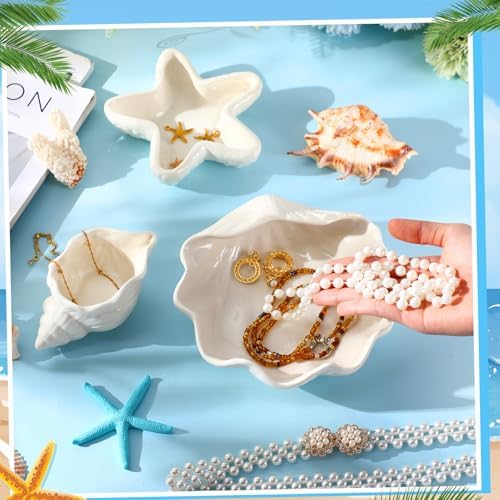 Teenyyou 3 Pcs Ceramic Seashell Jewelry Holder Conch Seashell Bowl, White - Image 4