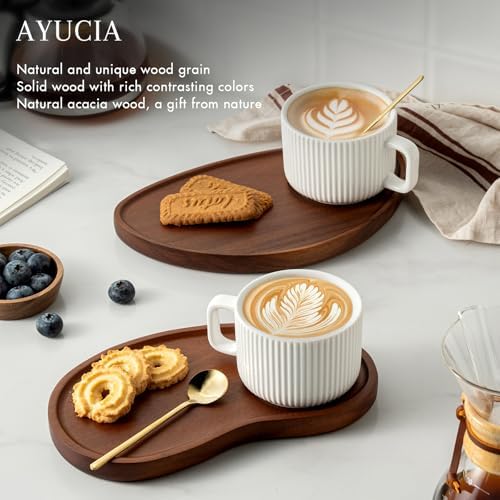 Pretty Ceramic Coffee Cup with Solid Wood Plate Set for Tea/Coffee Break, 8OZ White Cappuccino Cup with 9.4inch Acacia Serving Saucer and Spoon for Latte Dessert Breakfast - Image 5