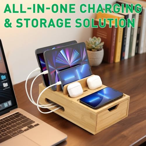 Bamboo Charging Station for Multiple Devices, Desktop Wood Charger Organizer with Drawer & Tray -Included 6 Cables, Compatible with Multi Devices, Cell Phone, Tablet, Earphones (No USB Charger) - Image 6